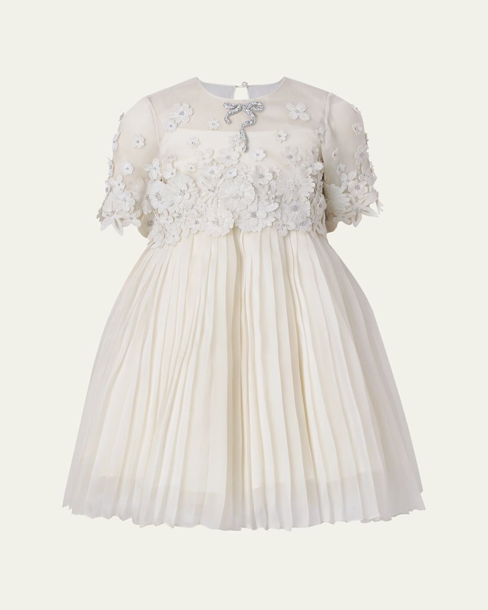 Girl's Leonie Pleated Floral Applique Mini Dress, Size 12-14